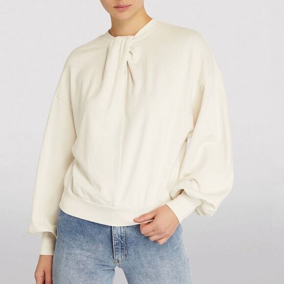 Frame Women’s Large Gathered French Terry Cotton Crewneck Sweater Ivory Bone - Picture 1 of 15